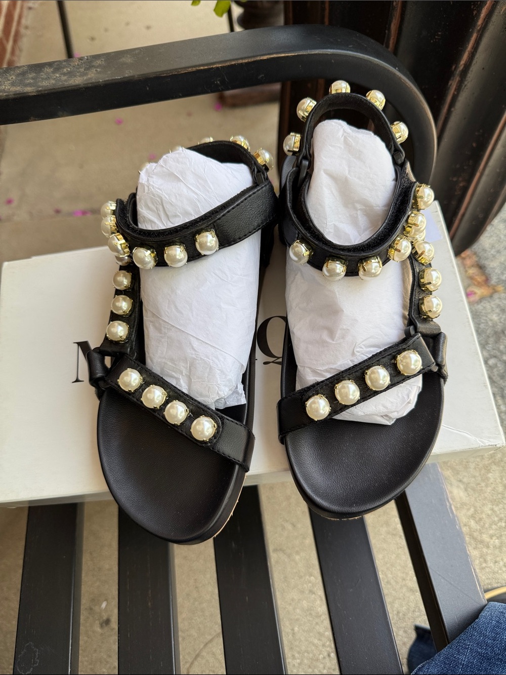 Mystique Boutique Black Sandals with Gold Pearl Studs - Picture 2 of 4